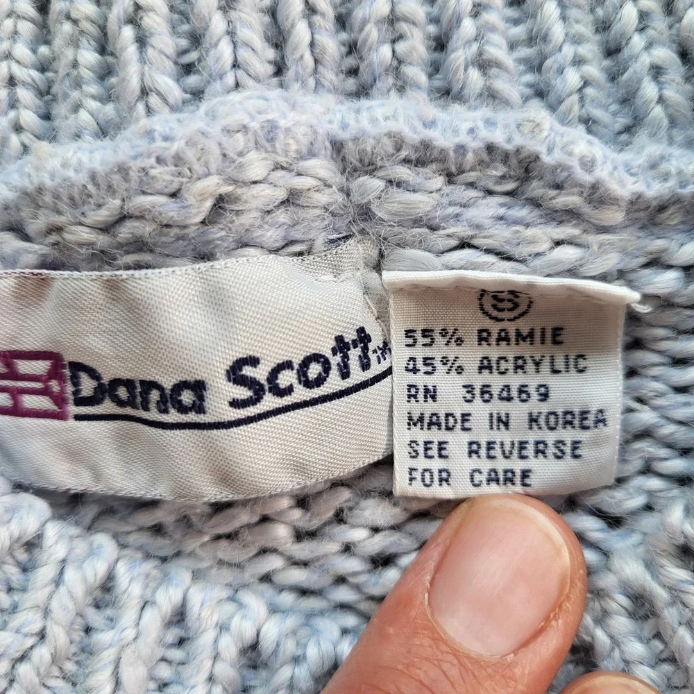 Dana Scott Vintage Floral Applique Pearl Beaded Sweater Blue Ramie Blend Small